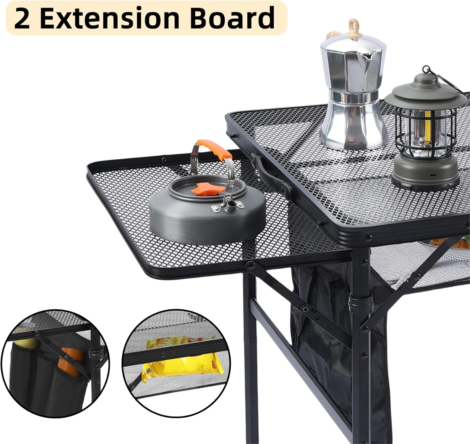 FORYUSE Folding Camping Table 90X60Cm with Extension Board Portable Lightweight Height Adjustable Metal Mesh Desktop Bag Side Pocket for Outdoor BBQ Grill Picnic Beach image number 2