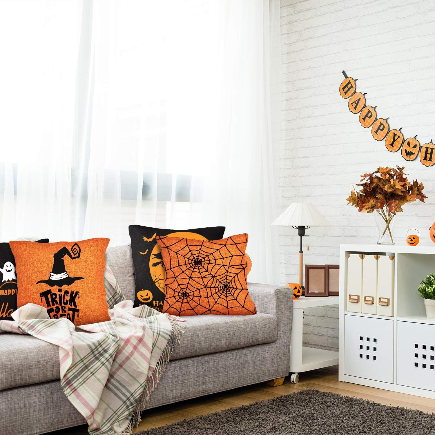 Whaline 4 Pieces Halloween Pillow Case, Orange and Black Pillow Cover, Happy Halloween Linen Sofa Bed Throw Cushion Cover Decoration (18" X 18")