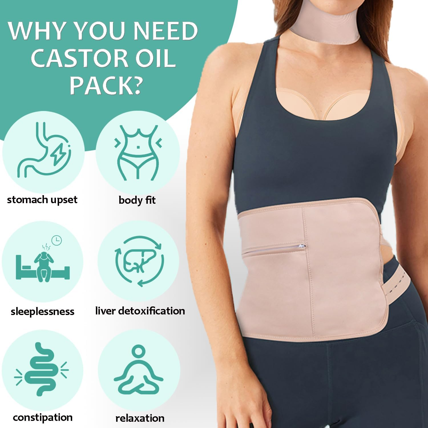 4 Pcs Castor Oil Wrap Pack with Storage Bag, Reusable Washable Castor Oil Pack Set with Adjustable Tape Castor Oil Packs for Liver Detox Relax for Women and Men, Gray (Khaki) image number 2