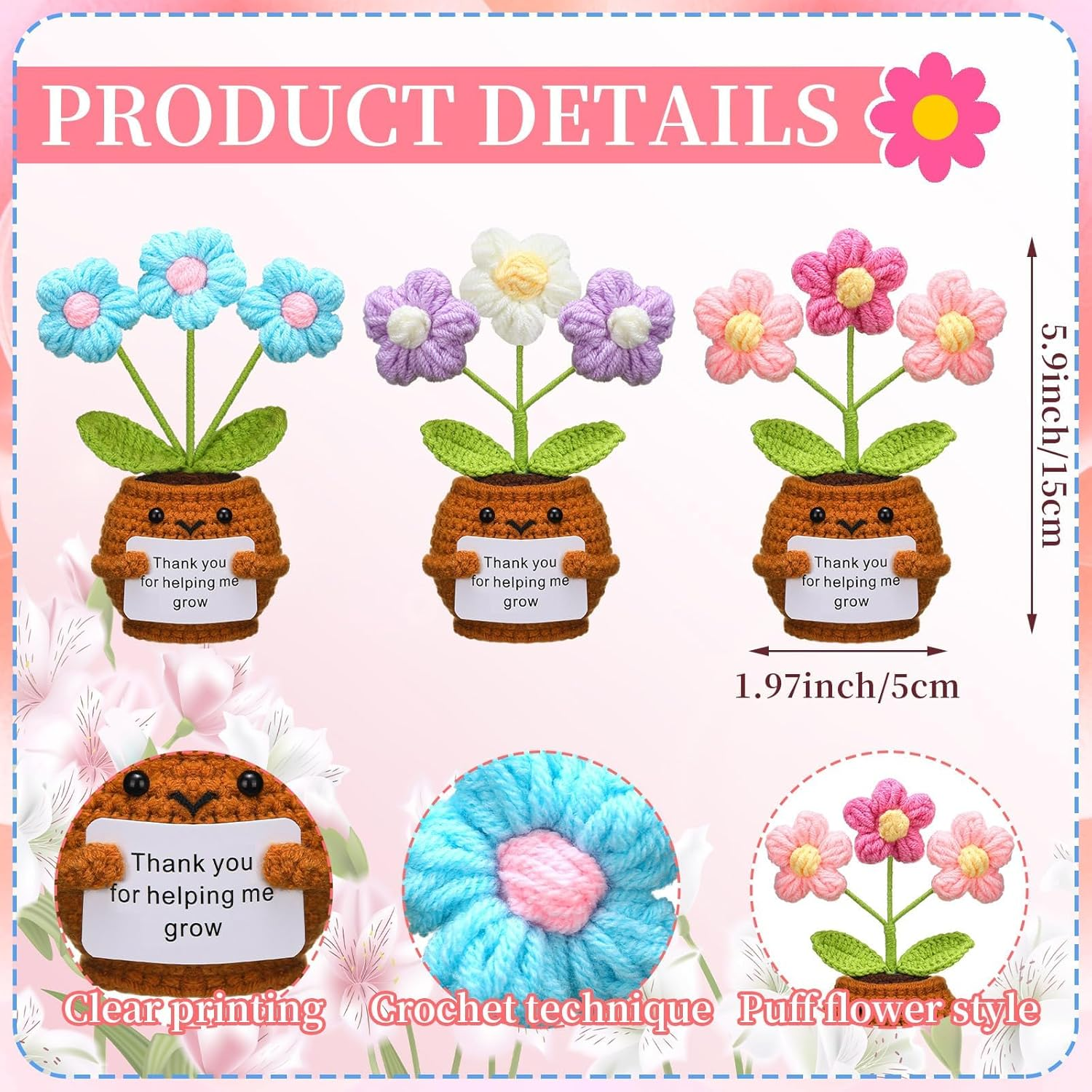 3 Pcs Emotional Support Plush Flowers Positive Crochet Potted with Card Thank You for Helping Me Grow Teacher Thank You Gifts for Birthday Home Office Decor(Puff Flower) image number 1