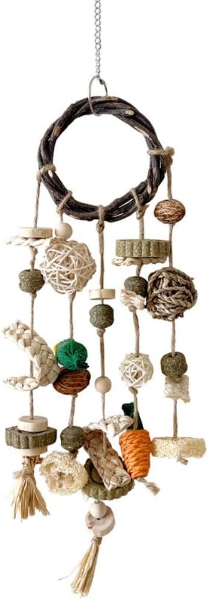 Bunny Chew Toy, Natural Applewood Bunny Boredom Breaker Treats Rattan Ring Chew Toys, Cage Hanging Toys with Snacks Grass Ball Carrot for Rabbits, Hamsters, Guinea Pig ﻿