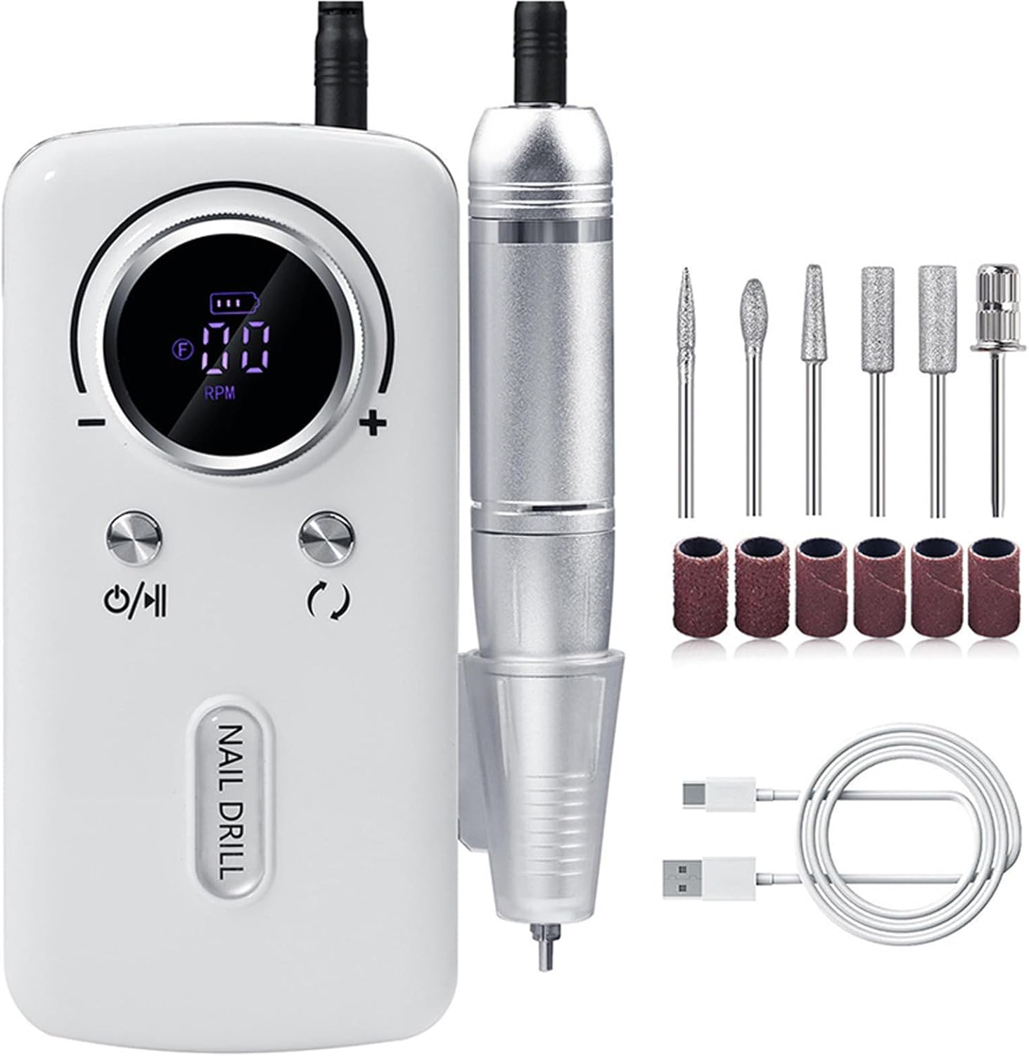 Bouzaak Professional Portable Nail Drill Kit - 45000 RPM Rechargeable Electric Nail File with 6 Bits, Cordless Low Noise for Acrylic Gel Nails, Manicure & Pedicure for Salon Home (White)