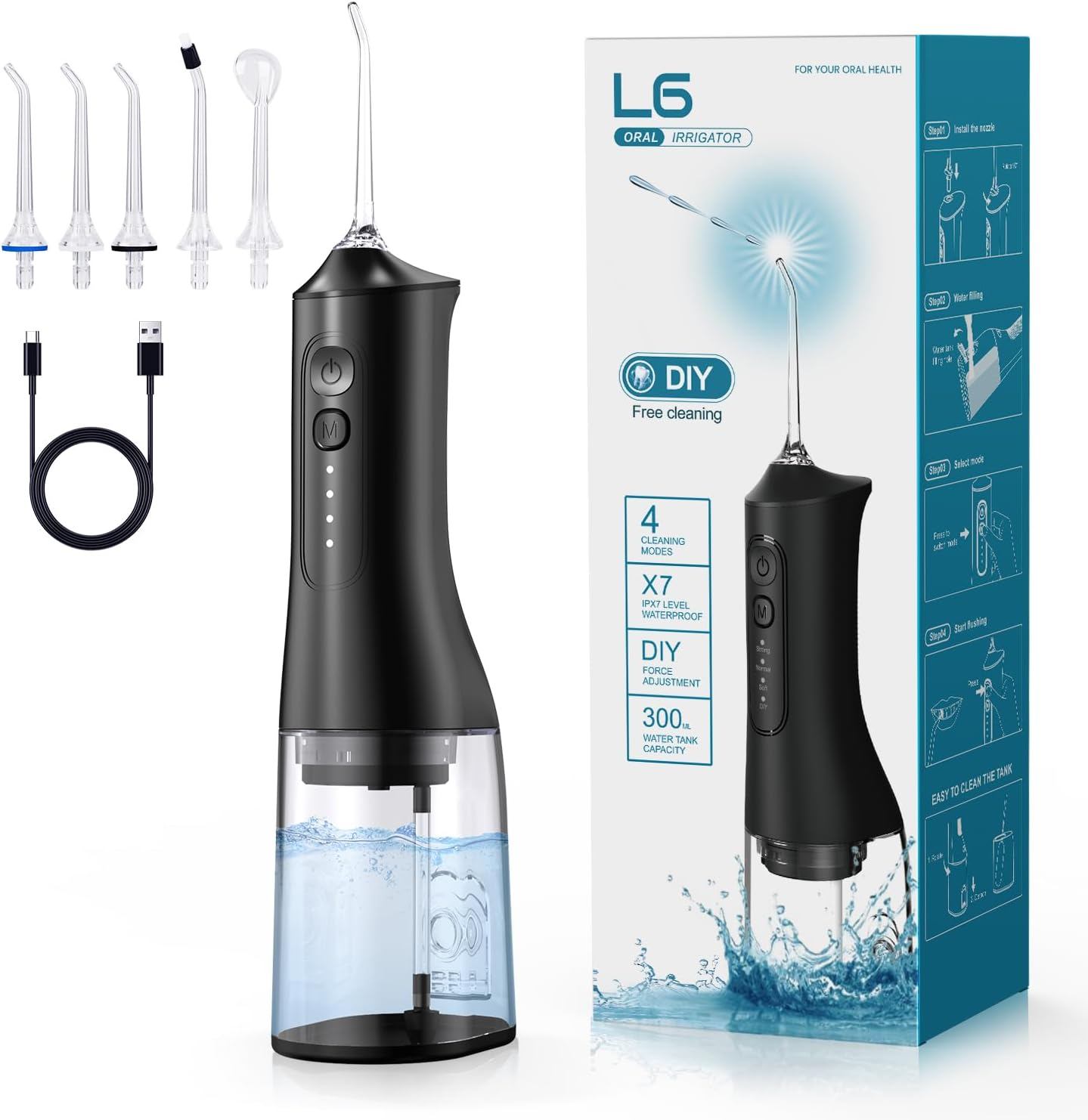 Water Flosser, Tovendor Cordless Oral Irrigator for Teeth, Gum, Braces Deep Cleaning, 4 Tips, 4 Modes, 300ML Rechargeable Water Dental Flosser, IPX7 Waterproof, Portable Design for Home Travel (Matte Black)