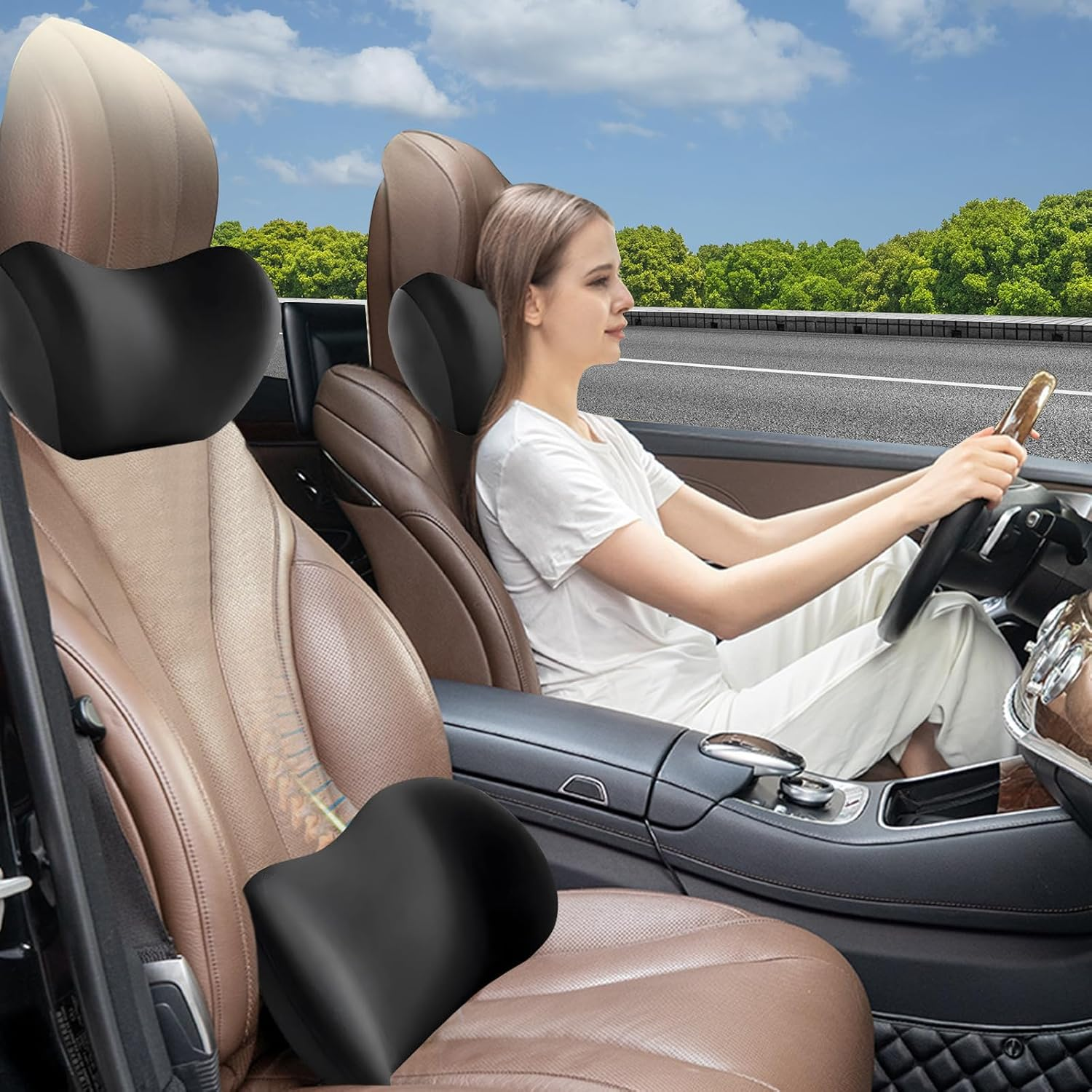 Car Headrest & Lumbar Support Cushion, Ergonomic Car Seat Headrest Neck Rest Cushion Lumbar Support Pillow Memory Foam & Breathable Removable Cover for Neck Back Pain Relief (Black) image number 3