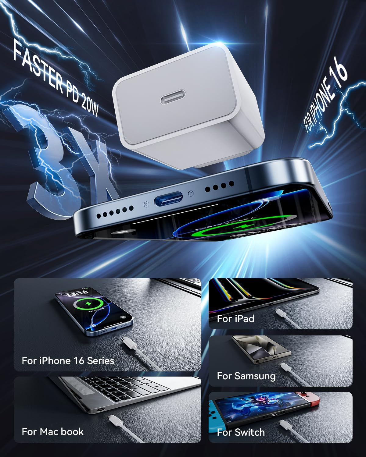 Zumist Iphone 17 Fast Charger - 20W USB C Adapter with USB-C to USBC Cable, 3-Pack USB Type C Wall Charger, Iphone 16 Pro Adapter with Cable Compatible with Iphone 17 Pro Max, Ipad, Airpords image number 5