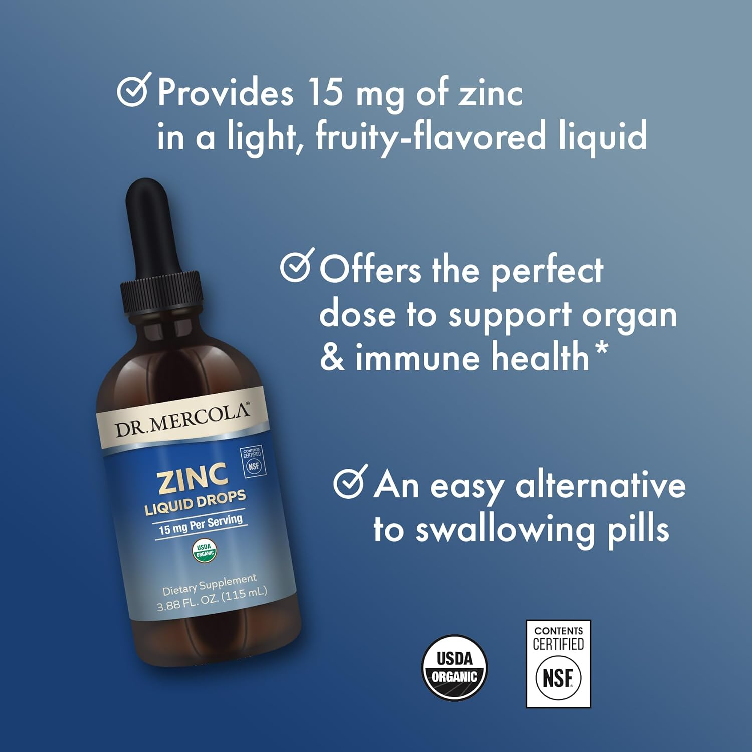 Dr. Mercola Liquid Zinc Dietary Supplement, 15 Mg per Serving - about 28 Servings per Container (3.88 Fl Oz), Supports Organ and Immune Health*, Non GMO, Gluten Free, Soy Free, USDA Organic