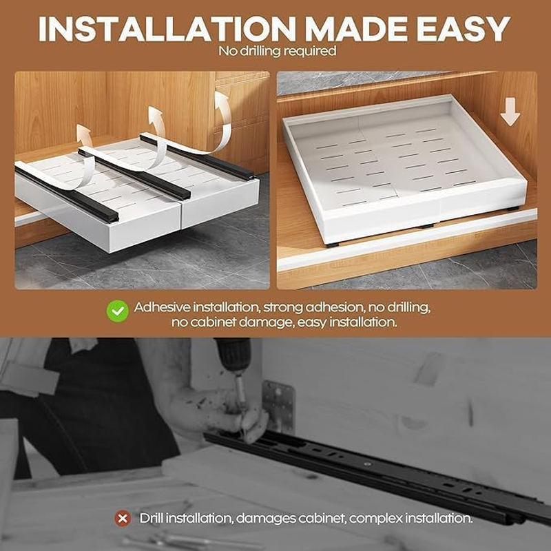 2 Pack Pull Out Cabinet Organizer Expandable 12"-20", Heavy-Duty Slide-Out Drawers &ndash; Adhesive Nano Tape or Screws for Kitchen Base Cabinets, Pots & Pans (White, Black, Grey) (White) image number 5