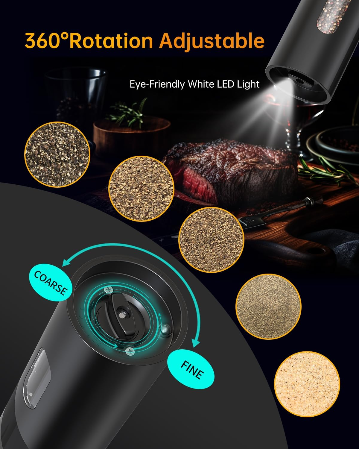 CIRCLE JOY Electric Pepper Grinder, Top-Refill Battery Operated Pepper Mill Grinder with Upgraded 110ML Capacity, Adjustable Coarseness, Led Light