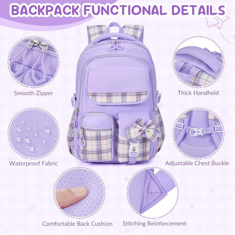 WOTOW School Backpack for Girls, Large Capacity Water Resistant Schoolbags with Lunch Bag Pencil Case & Cute Pendants, Ideal Children Teens Primary to Middle School