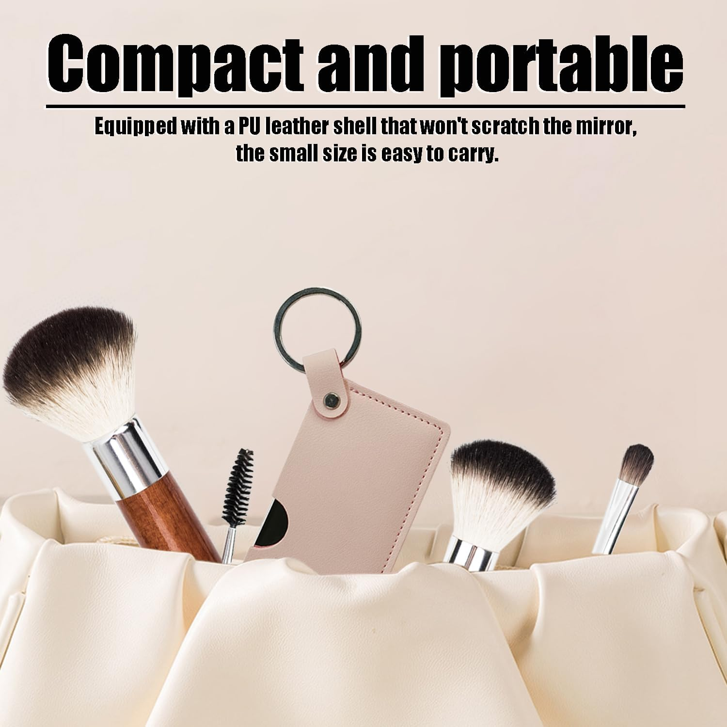 Compact Stainless Steel Mirror with Keychain Mini Handheld Travel Makeup Mirror with PU Leather Case Unbreakable Rectangular Pocket Mirror for Wallet and Purse (White) image number 4