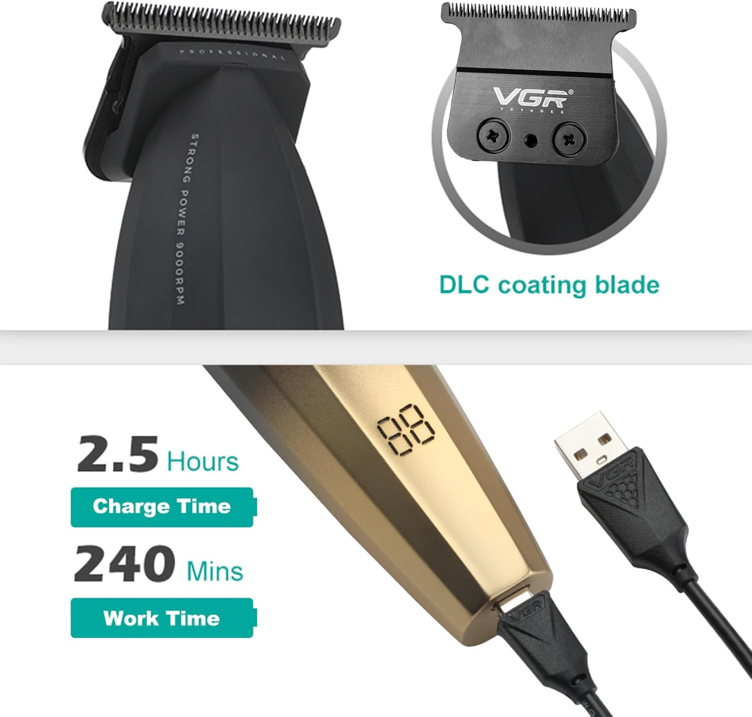 VGR 906 Fresh Fade Professional Hair Trimmer, 9000Rpm, Zero Gapped Beard Trimmer for Men, DLC T-Blade Wireless Hair Clipper/Trimmer for Barbers and USB Rechargeable, Gold image number 2