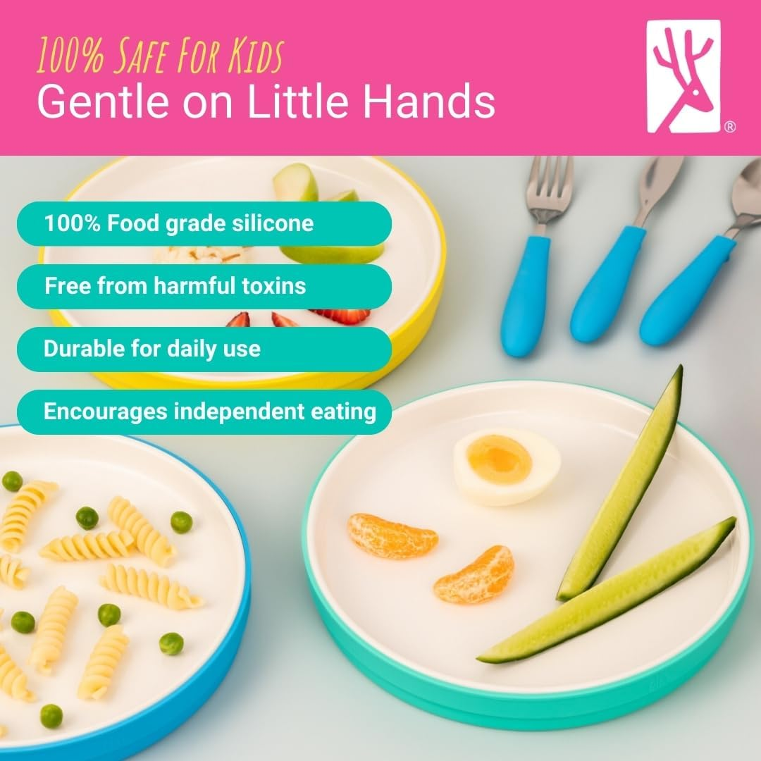 Elk and Friends Kids 7.8&rdquo; Porcelain White Plates with Silicone Sleeves | Suitable for Babies/Toddlers | Microwave & Dishwasher Safe | Non Slip Dinnerware | Snack Dishes | 2 Pack image number 6