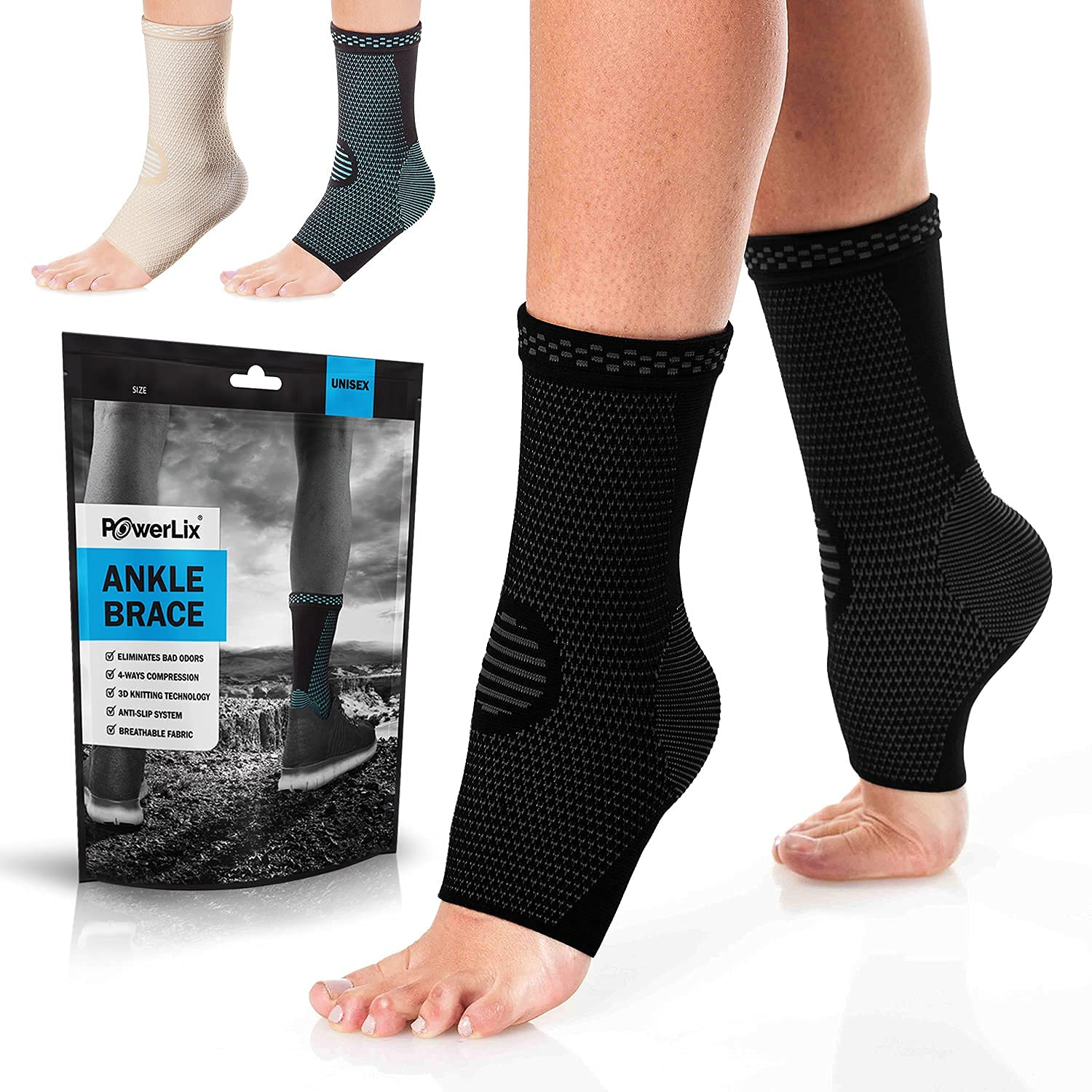 POWERLIX Ankle Support Brace 2 Pack, Ankle Brace for Men/Women/Kids, Support for Ligament Damage, Sports Protect, Injury Recovery, Plantar Fasciitis Foot Socks with Arch Support, Black, Small