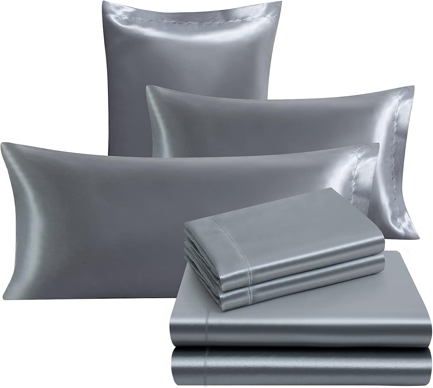 Ersmak 7 Pieces Satin Sheets Set Queen Size, Luxury Silky Grey Satin Bed Sheets Set with 1 Deep Pocket Fitted Sheet, 1 Soft Flat Sheet, 4 Queen Pillowcases and 1 Body Pillowcase image number 1