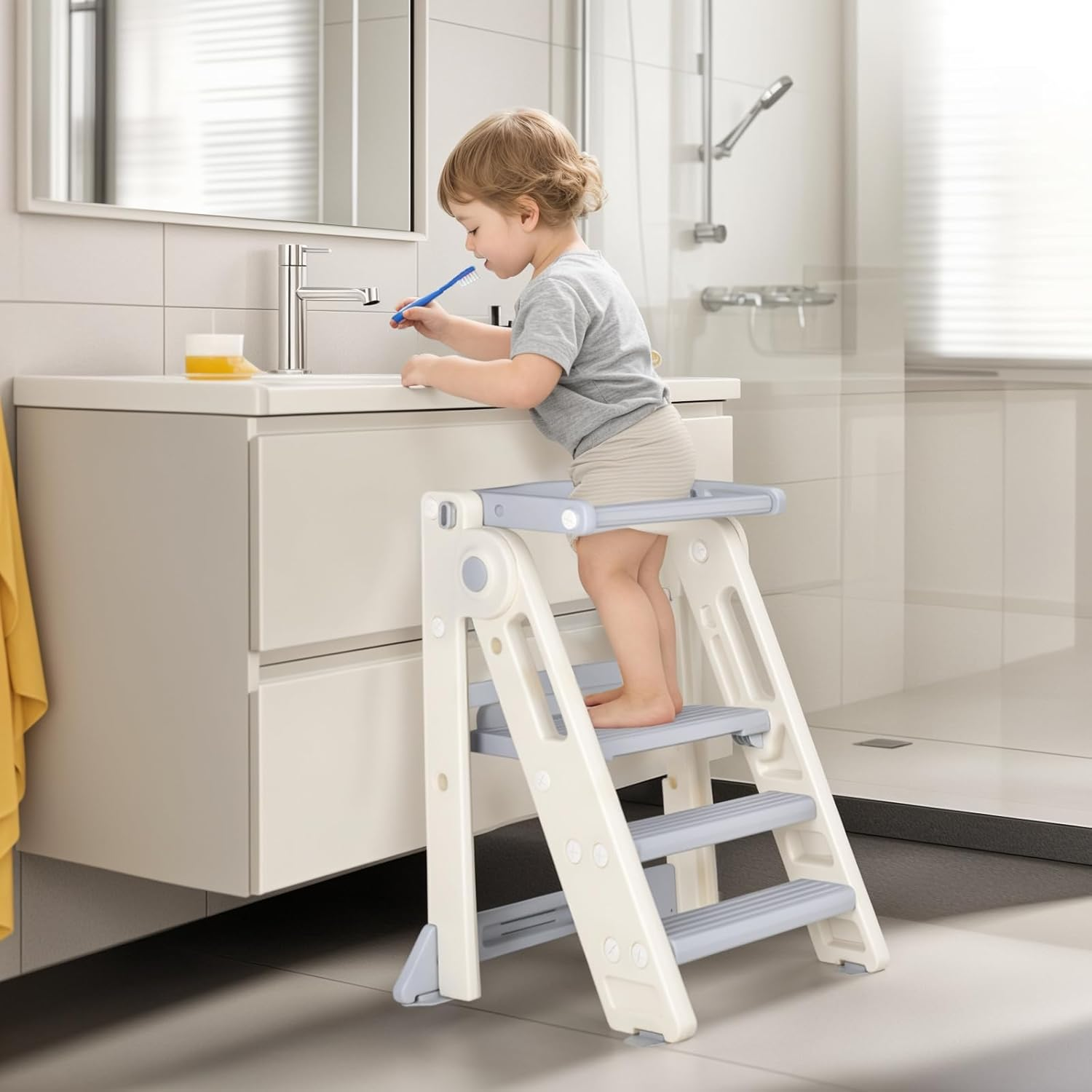 Advwin Foldable Toddler Step Stool for Bathroom Sink and Potty Training, 2-3 Tiers Kitchen Counter Stool Helper with Handles, Ages 18+ Months