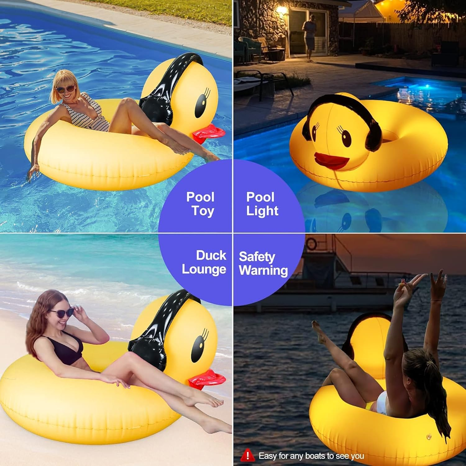 Inflatable Duck Pool Float with Lights, Solar Powered Pool Inflatables Duck Floaties for Adults Kids, 44" Large Animal Swim Tube Ring Pool Float with Fast Valves Summer Beach Pool Lounge image number 2