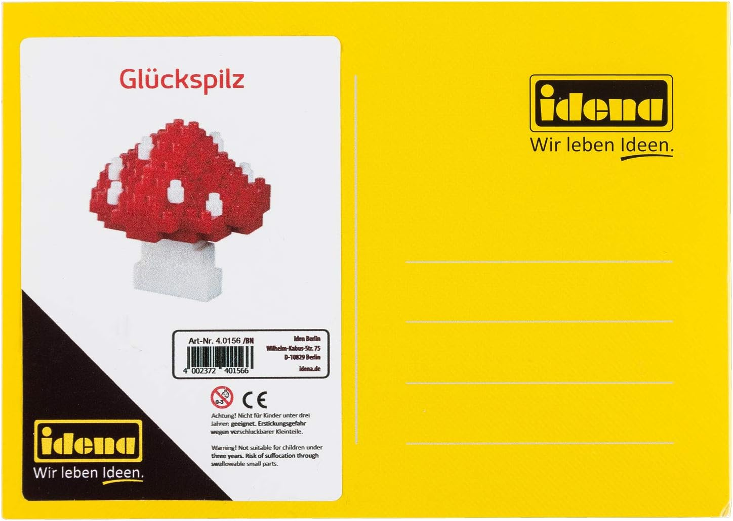 Idena 40156 - Postcard Lucky Mushroom with a 3D Model Building Set with 79 Original Brixies Mini Building Blocks, Difficulty Level 1, Greeting Card or Gift for Children and Adults image number 3