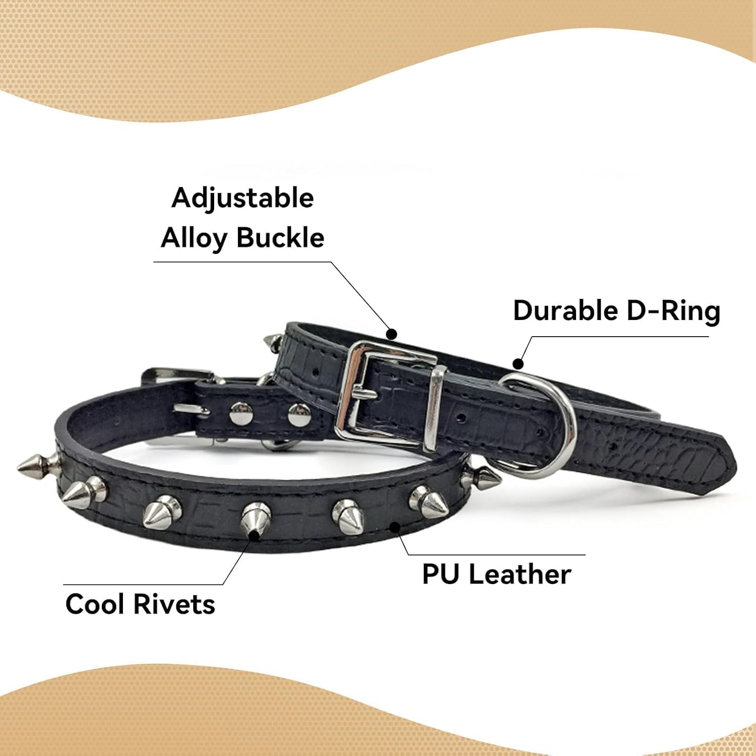 Spiked Dog Collar, Spike Collar for Dogs Punk PU Leather Spiked Cat Collar Adjustable Puppy Collars (Black, M) image number 5