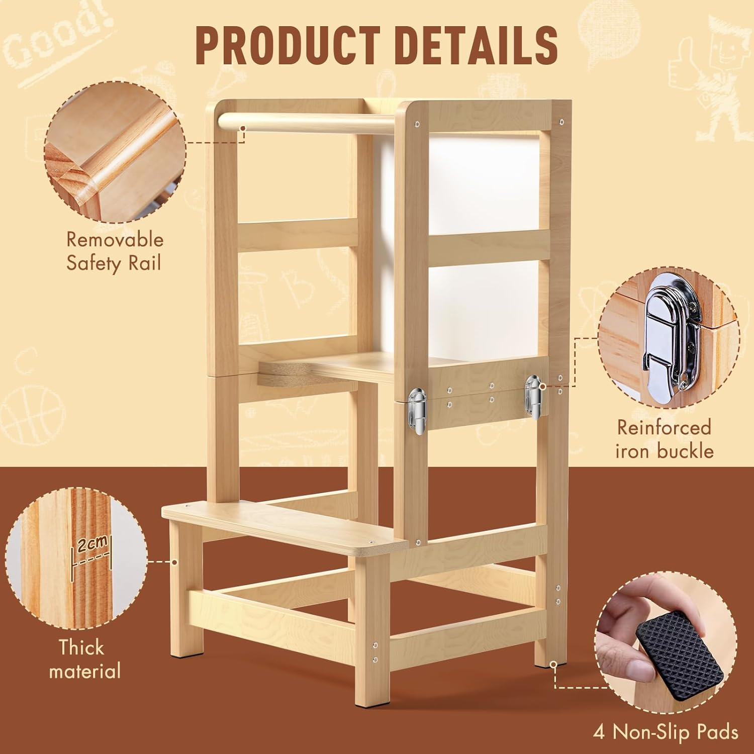 Kids Kitchen Step Stool - FSC Certification, Foldable Anti-Slip Learning Tower with Message Boards| Toddler Standing Tower, Montessori Kitchen Helper and Learning Tower, Toddler Tower, Natural Bamboo