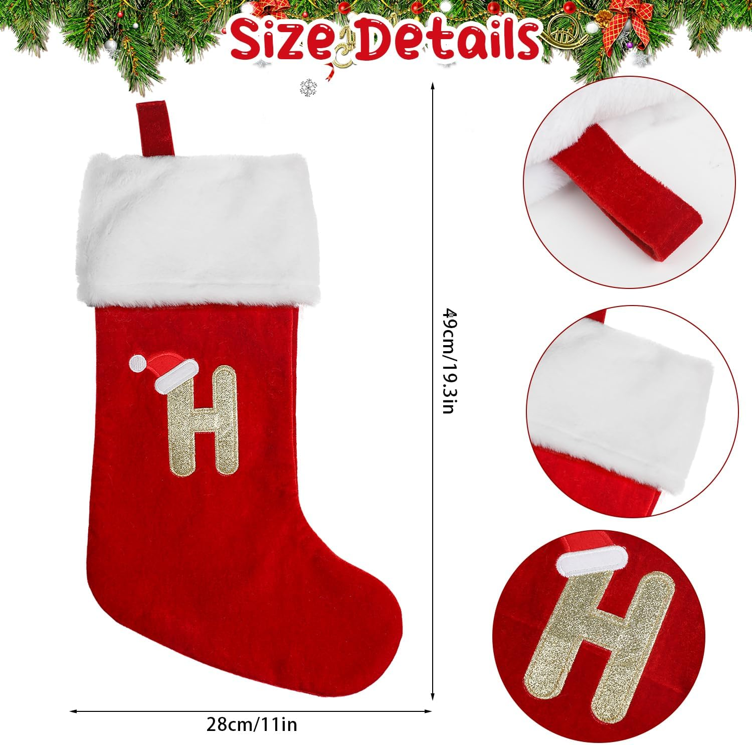 VEYLIN Christmas Stockings with Letters, 20 Inch Large Plush Christmas Stockings Embroidered Stockings Stockings for Kids/Adult Red Letter(H) image number 4