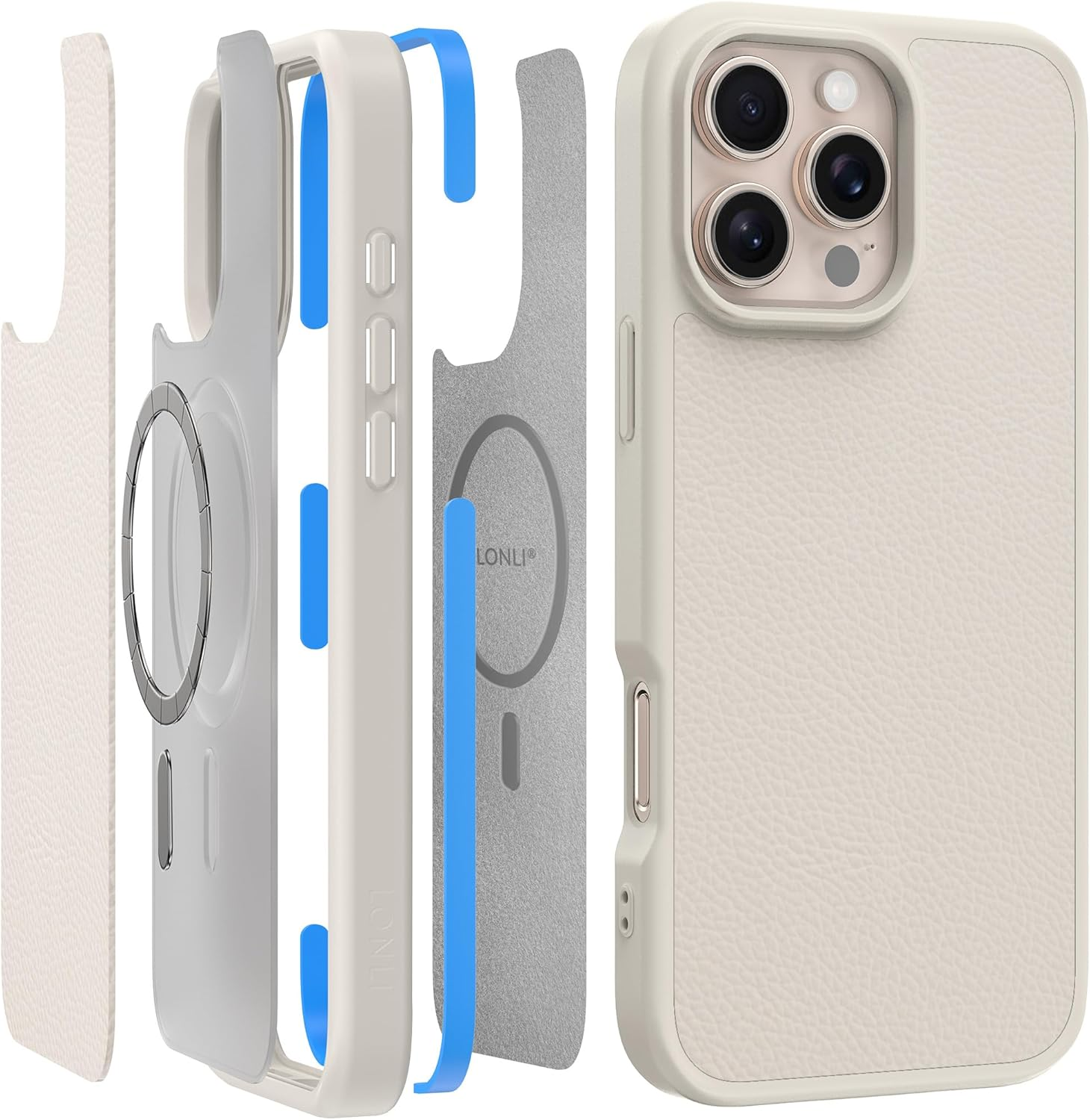 LONLI 2.0 - for Iphone 16 Pro Max Case - the Toughest Leather Magnetic Protective Phone Cover - [360&deg; Shock-Absorbent Bumper and Inner TPE Frame] - [Compatible with Magsafe] - Light Pink Leather