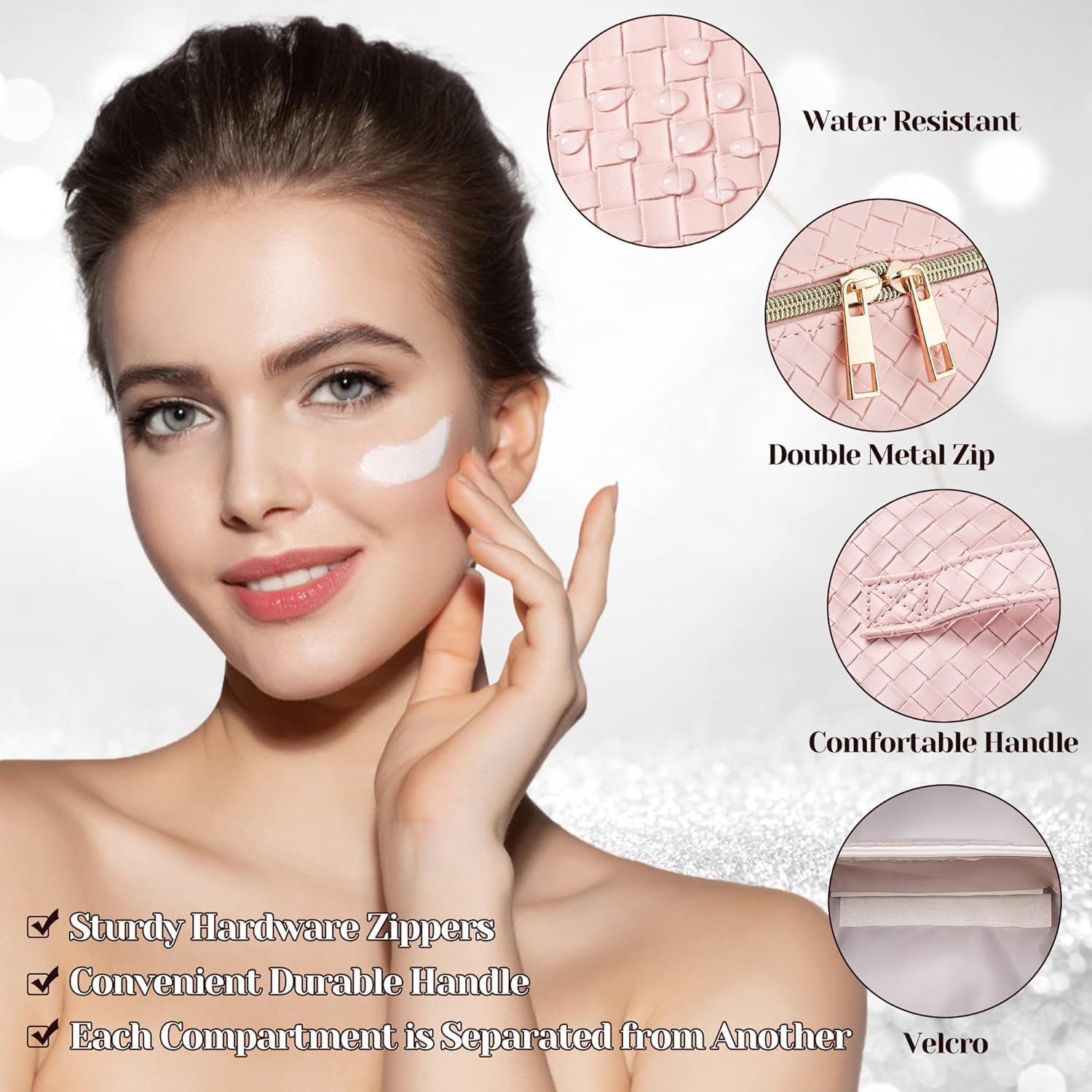 Large Capacity Travel Cosmetic Bag,Makeup Bag,Pu Leather Waterproof Cosmetic Bag,Women Portable Travel Makeup Bag with Handle and Divider Flat Lay Makeup Organizer Bag image number 6