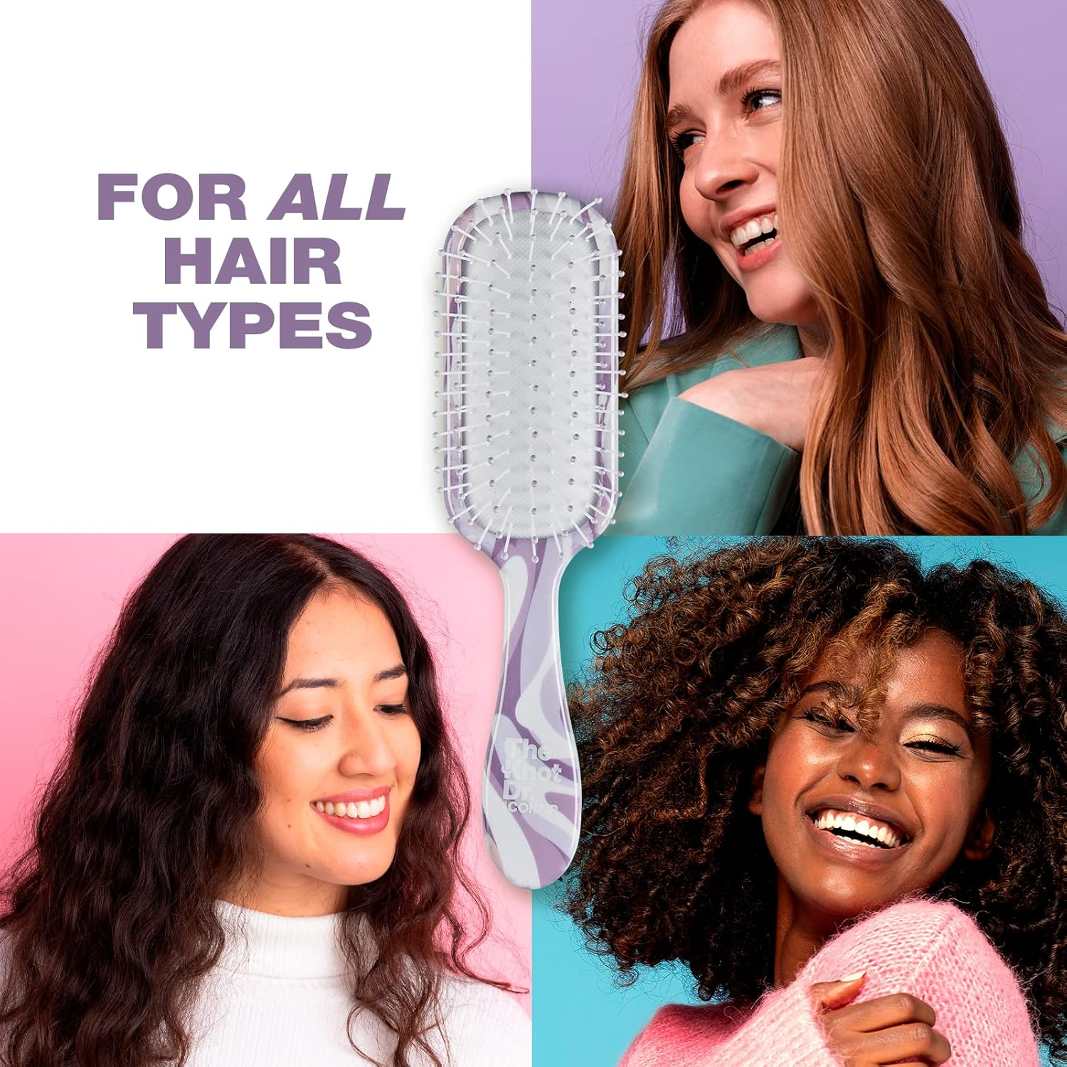 Conair the Knot Dr. for Mini Hair Brush, Wet and Dry Detangler with Clear Storage Case, Removes Knots and Tangles, for All Hair Types, Marblized Lavender Print image number 1