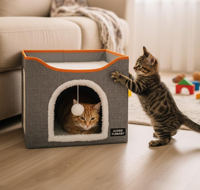 AUSSIE FURBABY Cat Bed &ndash; Indoor Cave House & Condo Hideout for Cats and Kittens. Soft Washable Pet Bed with Scratcher and Toy Ball &ndash; Foldable Design image number 5