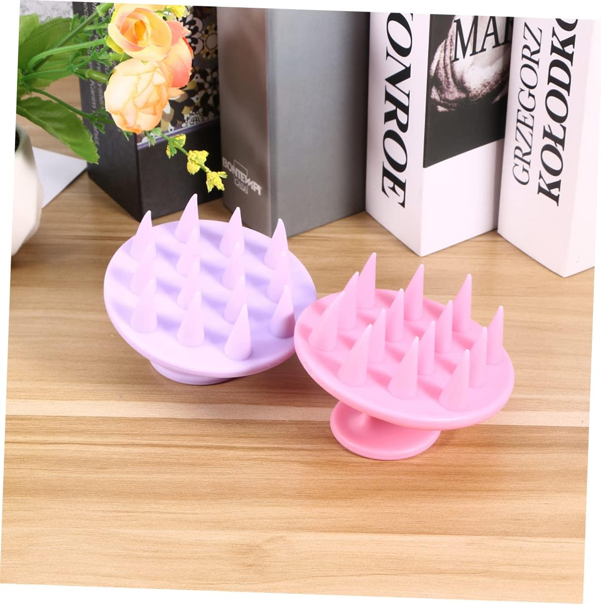 Obuyke 2Pcs Silicone Hair Scalp Massager Brush Set Exfoliating Shampoo Brush for Dandruff Treatment Stress Relief and Healthy Hair Growth Pink and Purple for Home and Salon Use
