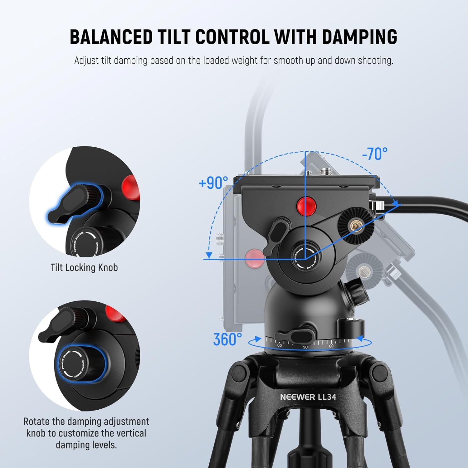 NEEWER LL34 78" Video Camera Tripod One Step Quick Release with Adjustable Damping Fluid Head, Heavy Duty Carbon Fiber Tripod with Dual Mode QR Plate Compatible with Manfrotto DJI RS, Max Load 22Lb image number 5