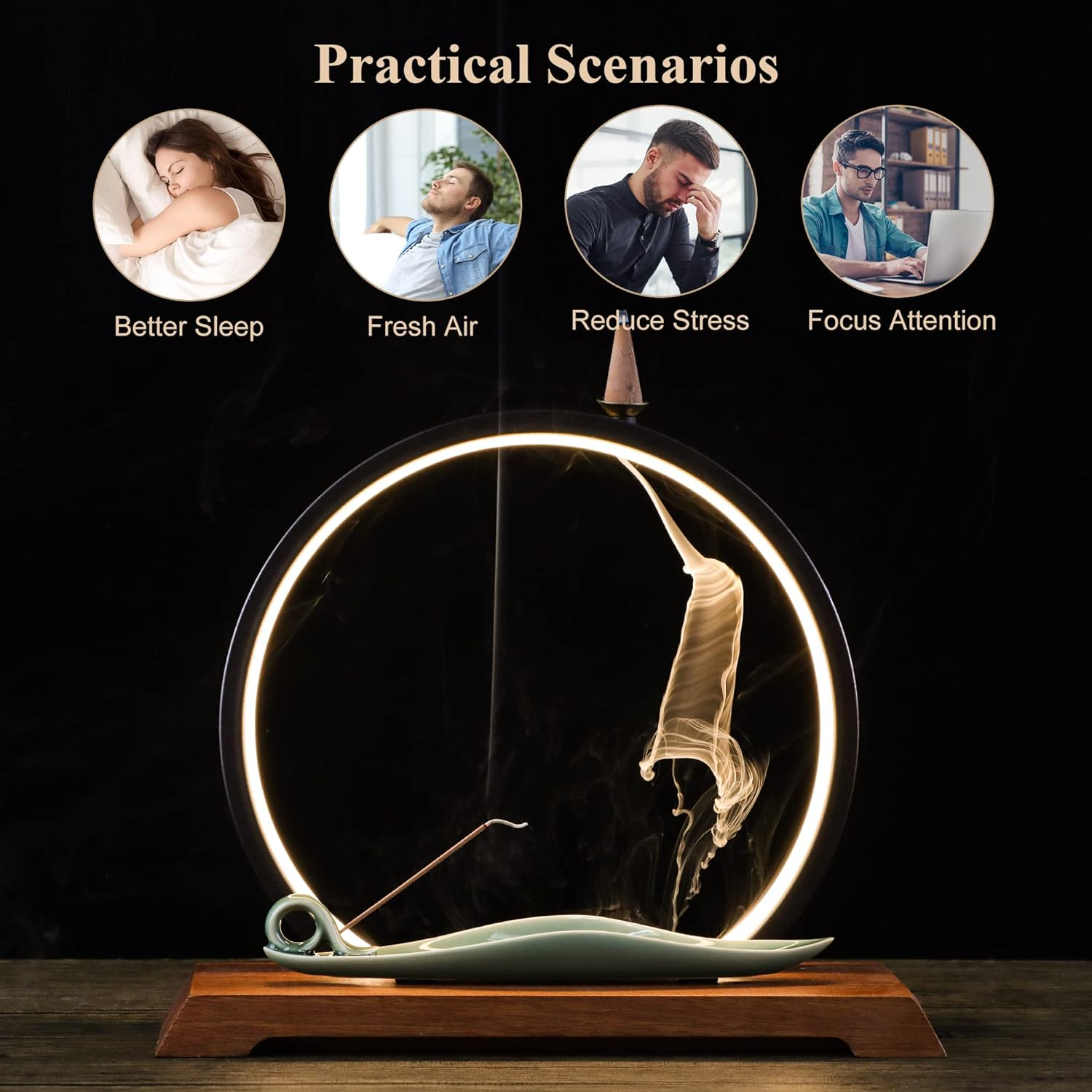 REAWOW Incense Burner Holder Waterfall Ornaments Lightweight Ring with 20 Incense Cones and 30 Sticks Backflow Incense Sticks for Meditation Decoration Home Office Yoga Spa Decoration image number 4