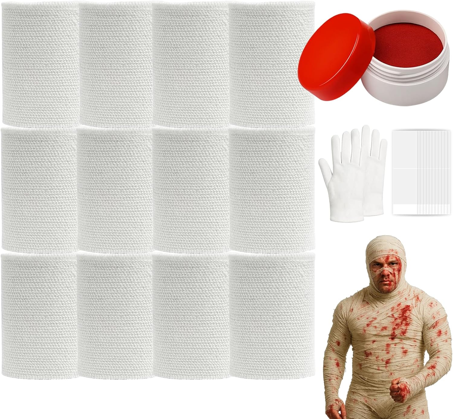 60 Yards 12 Rolls Halloween Mummy Wrap Costumes, Mummy Wrapping Cloth, Mummy Gauze, Mummy Bandages for Cosplay Zombie Makeup Halloween Costumes Accessories for Women Men with Fake Blood Power, Gloves image number 3
