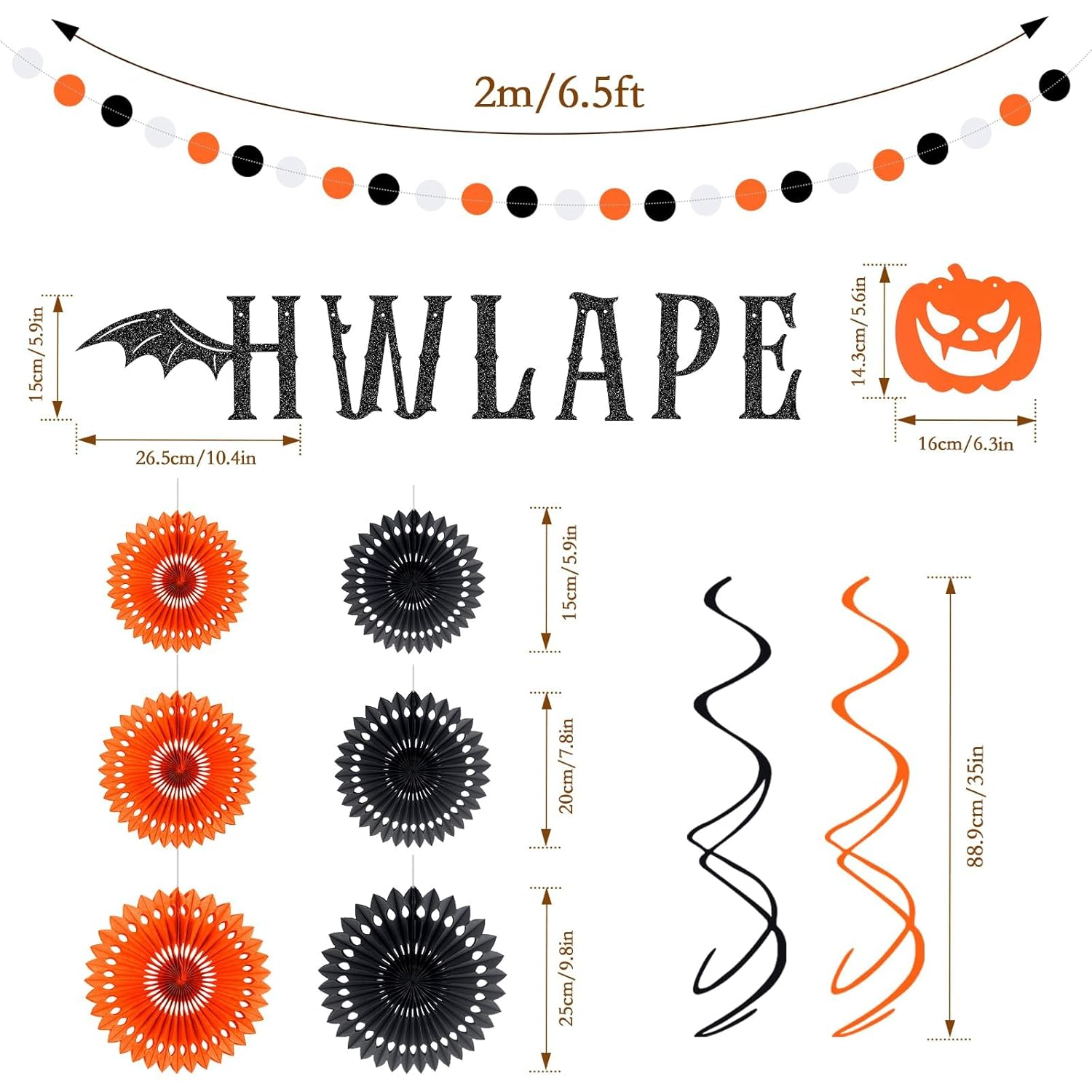 Hapurs Happy Halloween Banner, Halloween Office Decorations Paper Fans Halloween Banner for Wall Mantle, Glitter Bat Wings Hanging Halloween Party Decorations image number 3