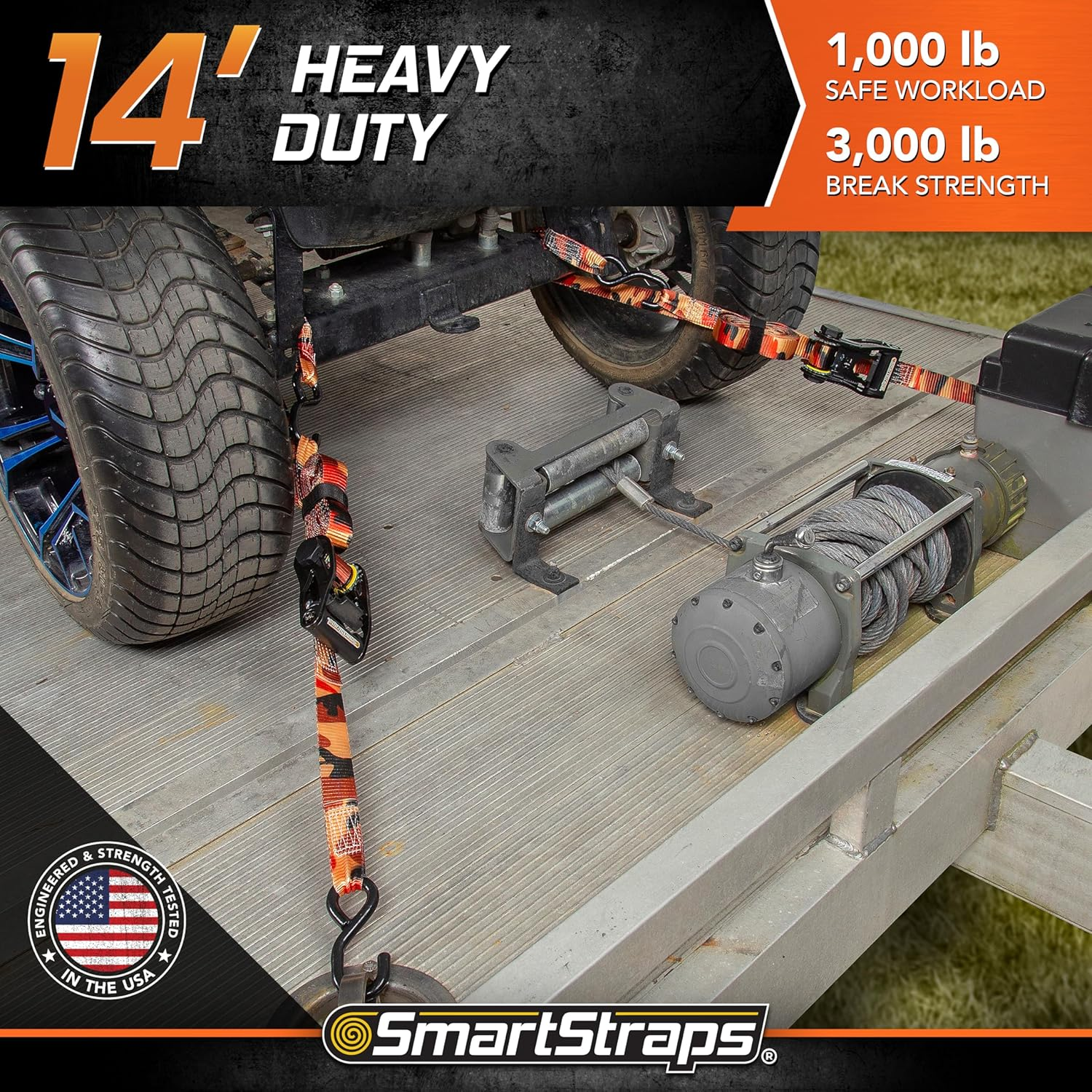SMARTSTRAPS 14&rsquo; Camox Ratchet Straps, 4 Pack &ndash; 3,000Lbs Break Strength, 1,000Lbs Safe Work Load &ndash; Premium Duty Tie Downs for Heavier Loads, Orange Camo Webbing image number 4