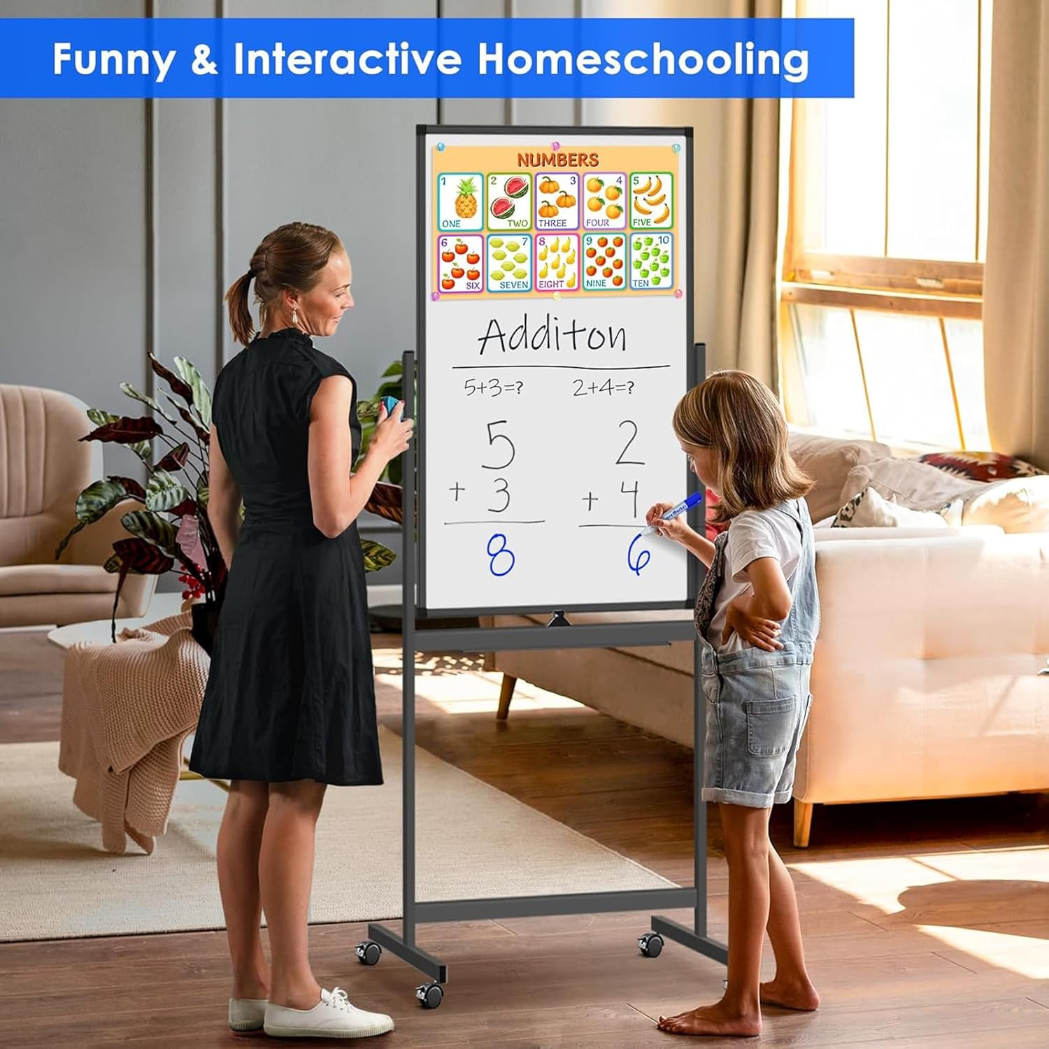 60X100Cm Magnetic Mobile White Board, Double Sided Dry Erase Board Rolling Whiteboard, Standing Whiteboard on Wheels for Home Office Classroom & Home, Black image number 6