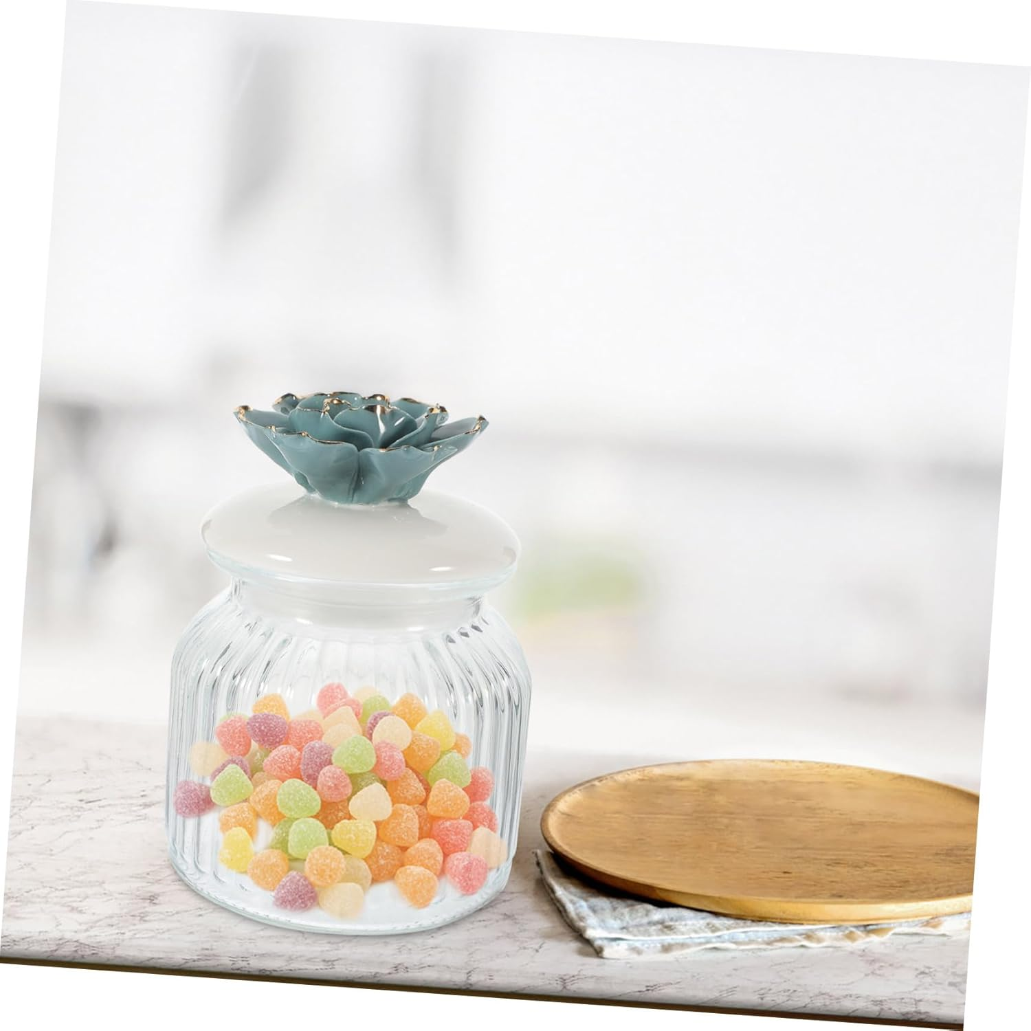 VILLFUL Glass Airtight Storage Jar with Ceramic Flower Lid Elegant Canister for Tea and Candy Safe Glass and Ceramic Material for Home Decor and Organization image number 2