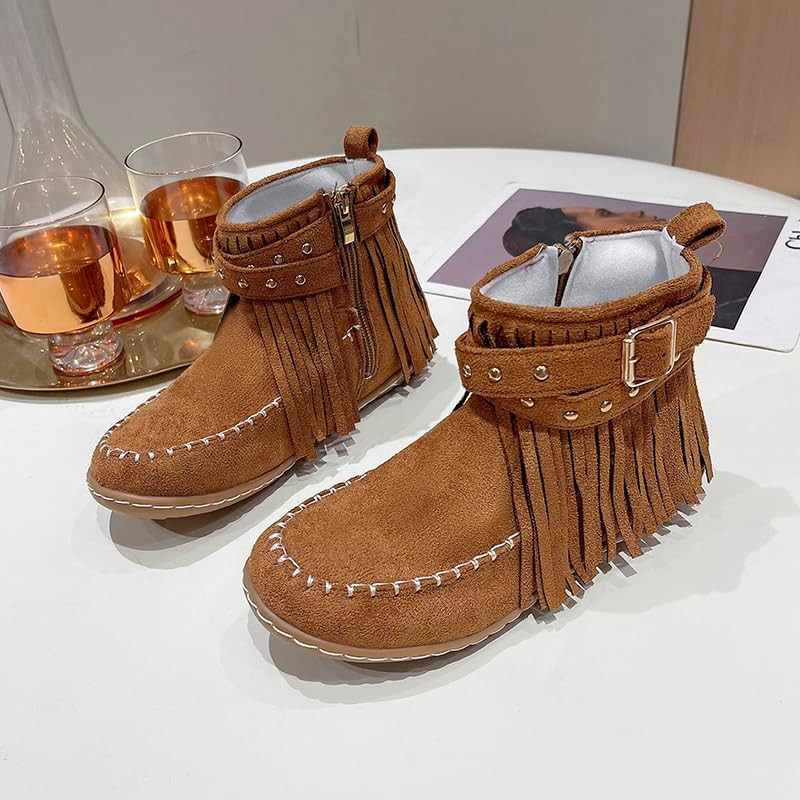 Women'S Boots Casual Vintage Side Zipper Fringe Boots,Lightweight Comfy Suede High Top round Toe Hippie Moccasin Short Booties, Brown, 7
