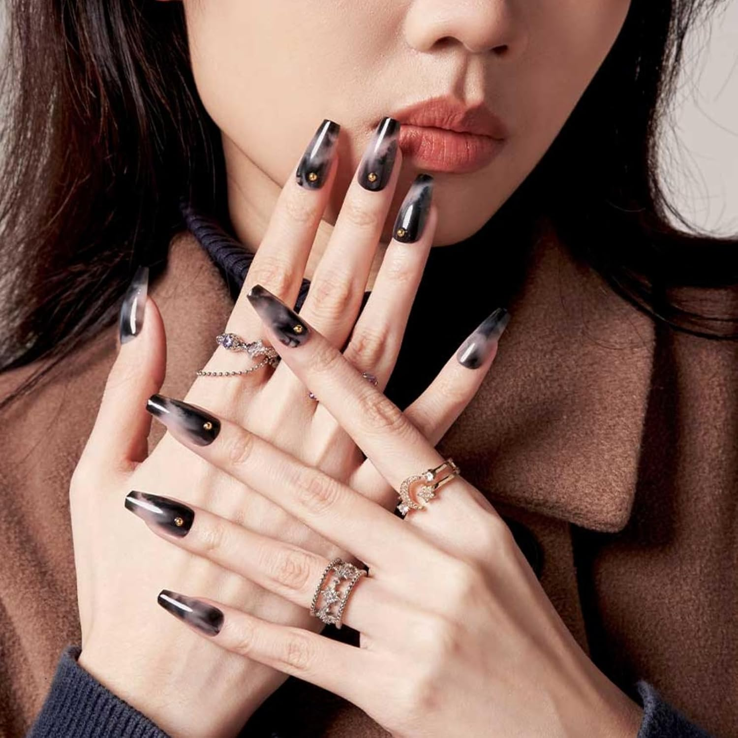 Black Press on Nails Coffin, GLAMERMAID Black Flase Nails Medium Long Reusable Acrylic Fake Nails with Glue, 24Pcs Black Black Glitter Stick on Nails Kits Full Cover with Design for Women Girls