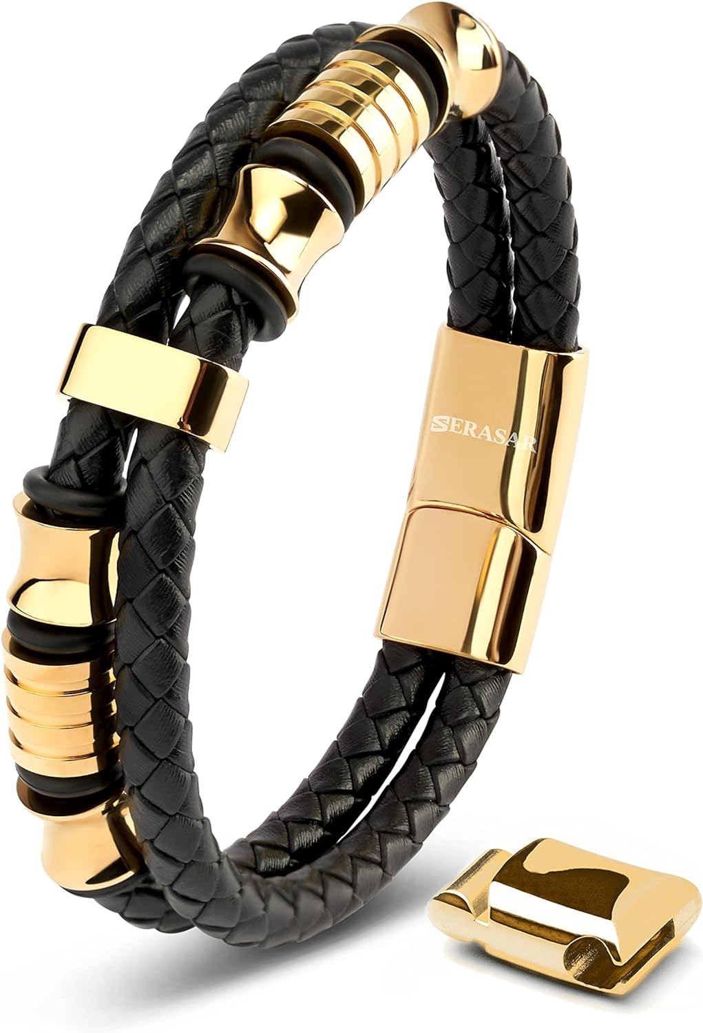 SERASAR | Men'S Premium Black Genuine Leather Bracelet [Spirit] | Magnetic Stainless Steel Clasp in Black, Silver and Gold | Exclusive Jewellery Box | Great Gift Idea