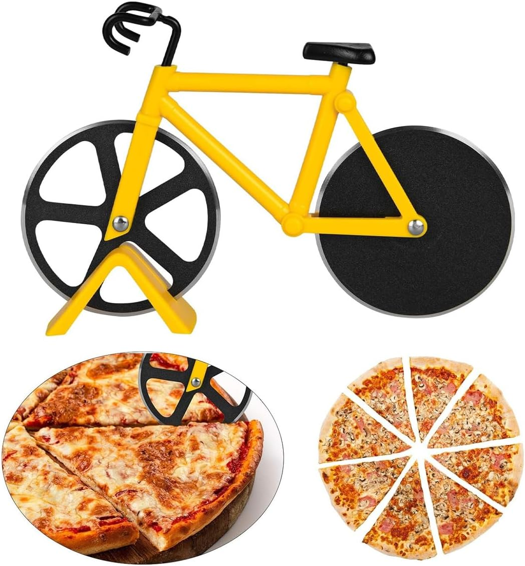 ANCLLO Bicycle Pizza Cutter Stainless Steel Wheel Cutter Double Slicer with Sharp Cutting Wheel and Stand for Kitchen Parties Yellow image number 4