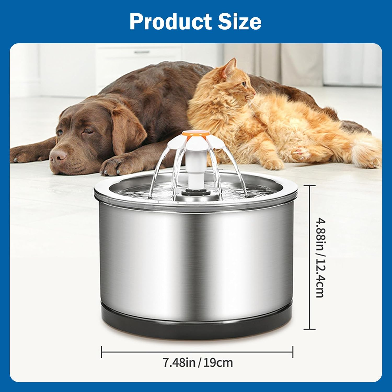 Stainless Steel Pet Drinking Fountain 81Oz/2.4L, Water Level Window & LED Light, Automatic Water Dispenser for Cats and Dogs, Includes 1 Filter (Stainless Steel, Large)