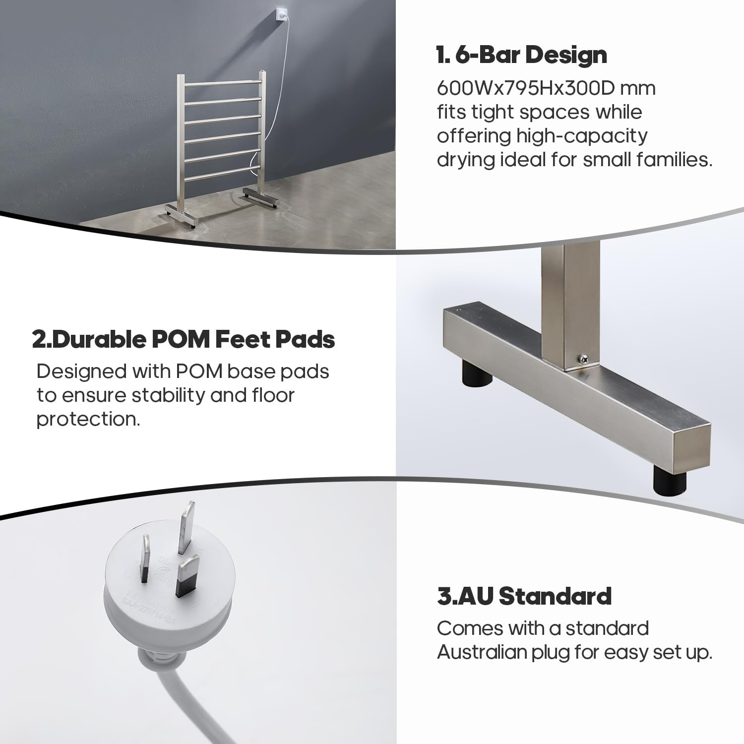 Decaura 6-Bar Freestanding Heated Towel Rail, Electric Towel Warmer with Square Tube Design, IP55 Waterproof, Stainless Steel, 600Wx795Hx300D Mm image number 1