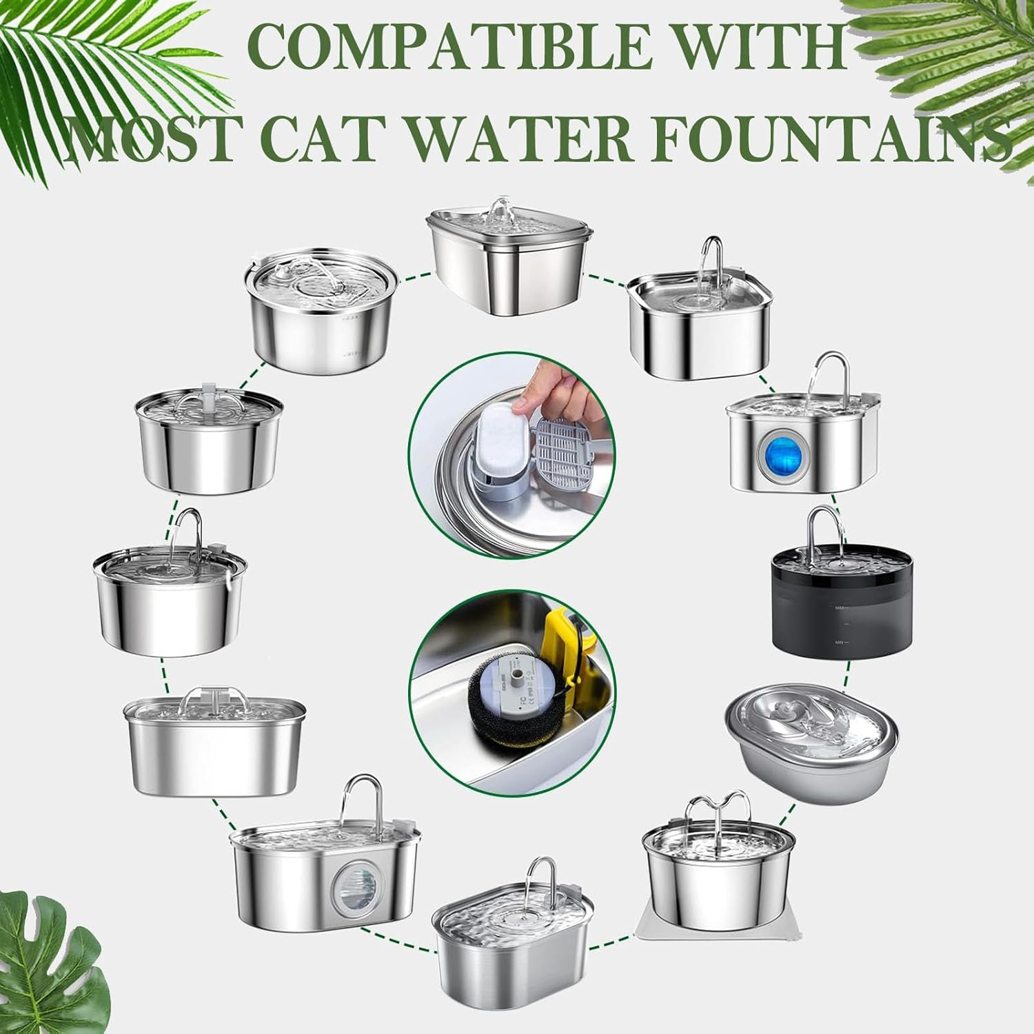 Cat Water Fountain Filters 8 Pack, Pet Fountain Replacement Filters for Stainless Steel 67Oz/2L&108Oz/3.2Lcat & Dog Water Fountain, Pet Water Fountain Filters, 4 Cat Fountain Filters with 4 Sponges