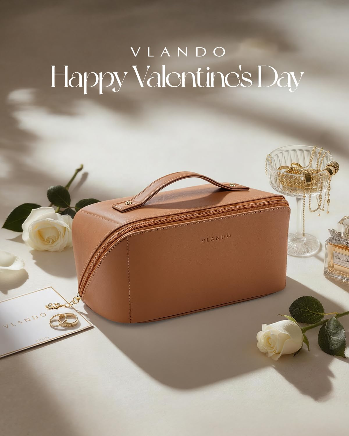 Vlando Travel Makeup Bag,Toiletry Bag for Women PU Leather Open Flat Make up Bag, 02.Brown, Open Flat image number 2