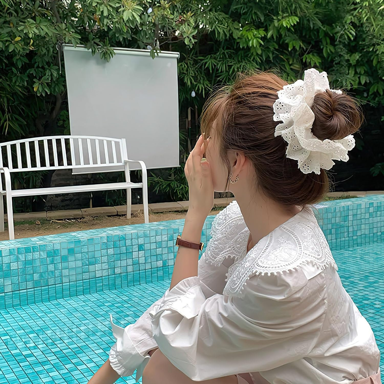 White Lace Scrunchies Large Elastic Hair Ties Ropes Hair Scrunchies, White Large Hair Scrunchies, Bobbles Ponytail Holders for Thick Hair, Thick Hair Bulk Scrunchies Accessories for Girl Women image number 2