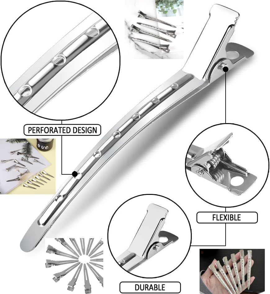 Metal Duck Billed Hair Clips for Styling Sectioning,Silver for Women Long Hair, Alligator Curl Clips for Hair Roller,Salon,Bows DIY with Case