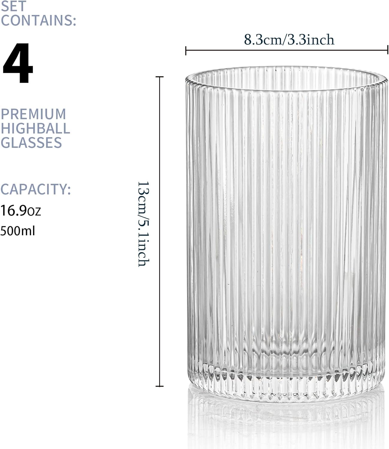 POLIDREAM Drinking Glasses Set of 4 Vintage Whiskey Glasses 500Ml Art Decor Ribbed Glassware Set Embossed Glass Tumblers Cocktail Glasses Water Glasses for Beer Juice Milk(8.3X8.3X13Cm) image number 4