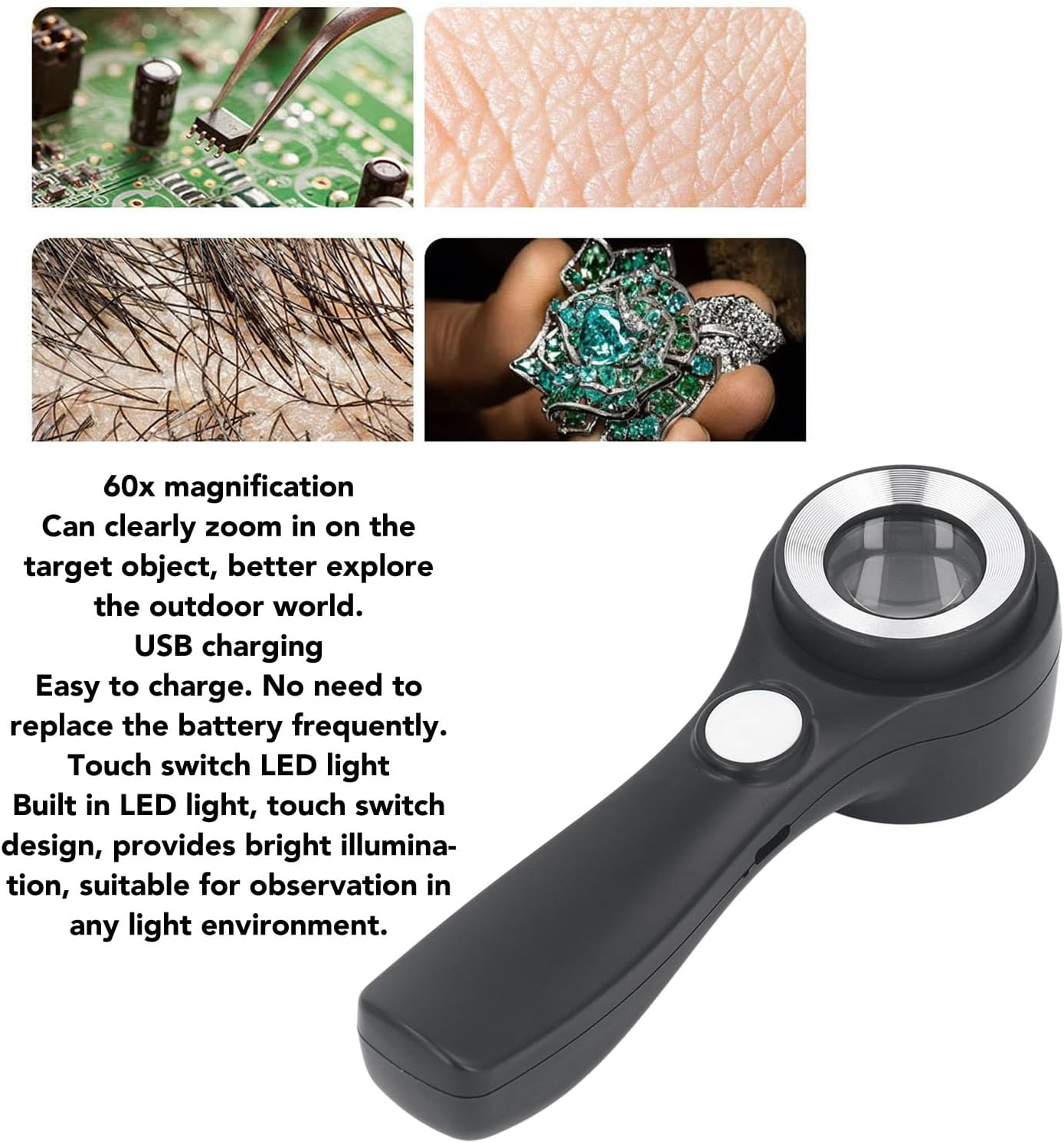 Magnifying Glass with Light, 60X Handheld Magnifying Glass, Illuminated Lighted Magnifier with Touch Switch, for Outdoor Exploration Observation image number 6