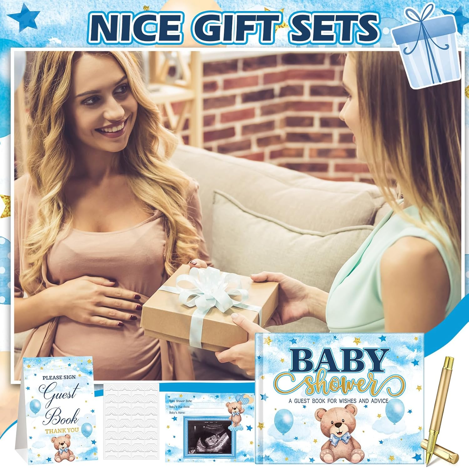 Blue Bear Baby Shower Guest Book Baby Shower Sign in Guest Book Reception with Baby Sonogram Page Keepsake Includes Gold Pen Table Card and Adhesive Photo Corner for Birthday (Little Bear) image number 5