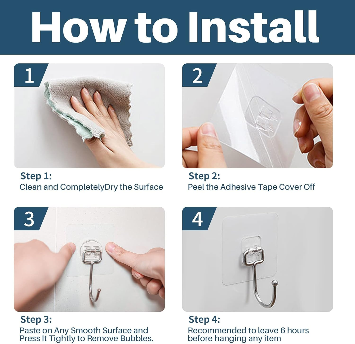 10-Pack All-Purpose Large Adhesive Hooks for Hanging, Heavy Duty Hold 37 Lb(Max) Waterproof Stick on Wall Hooks for Organization image number 2